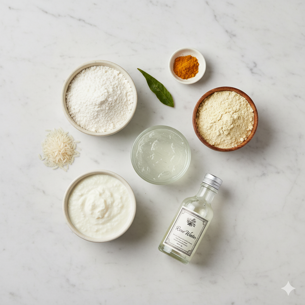 Natural cleansing options: a bowl of rice water and a bowl of raw milk.